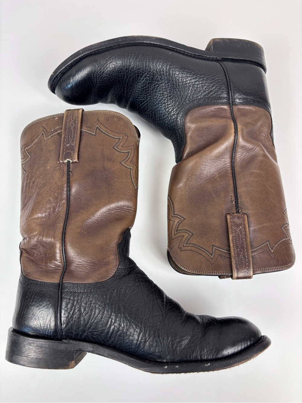 Vintage Lucchese 2000 Two-Tone Leather Western Cowboy Boots Black Brown Sz 8EE - Picture 8 of 16